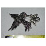 Vtg Avon Silvertone Hummingbird at Flower Brooch