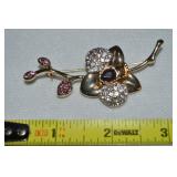 Vintage Goldtone Rhinestone Flower Stem Brooch