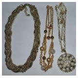 (3) Goldtone Necklaces w/ Faux Pearls, Glass Beads