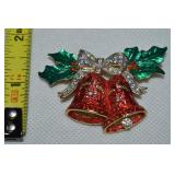 Vtg Goldtone Rhinestone Enamel Bells Brooch