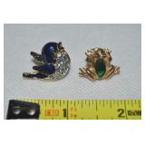 (2) Vintage Goldtone Pins w/ Blue Bird & Frog