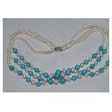 Danbury Mint 925 Sterling 3 Row Pearl & Turquoise