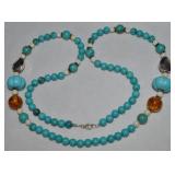 925 Sterling Turquoise Amber Beaded Necklace