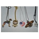(5) Pendant Necklaces w/ Dog, Owl, Flag Heart,