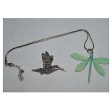 Silvertone Hummingbird Pendant & Dragonfly