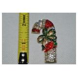 Vtg Goldtone Rhinestone Candy Cane Brooch