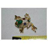 Vtg Goldtone Rhinestone Jeklly Belly Frog Brooch