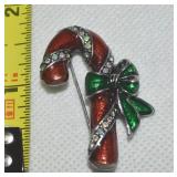 Vtg OTC Silvertone Rhinestone Enamel Candy Cane