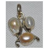 925 Sterling 3 Freshwater Pearl Pendant 1.5"L