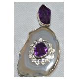 925 Sterling Amethyst & Agate Pendant 2 7/8" L