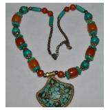 Chunky Brass Inlaid Turquoise Pendant Necklace