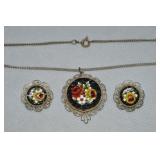 Vtg Silvertone Italian Micromosaic Flowers Pendant