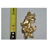 Vtg Goldtone Reindeer w/ Bow & Holly Brooch