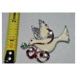 Vintage Silvertone Enamel & Rhinestone Dove