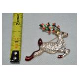 Vtg Goldtone Rhinestone Enamel Reindeer Brooch