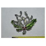 Vintage Danforth Pewter Enamel Holly Brooch