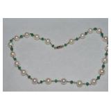 925 Sterling Pearl & Emerald Necklace 17"L