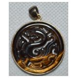 925 Sterling Vermeil Tigers Eye Carved Dragon Disc