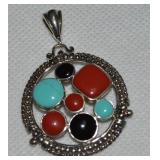 925 Sterling Thai Turquoise Coral Jet Pendant