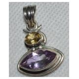 925 Sterling Citrine Amethyst Pendant 1.25"L