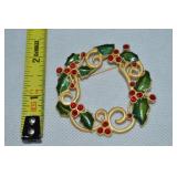 Vtg Goldtone Rhinestone Enamel Wreath Brooch