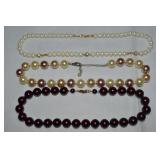 (3) Pearl Necklace Lot w/ Chunky Red & Multicolor