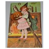 Antique Halloween Greeting Witch Girl, Owl, Bat