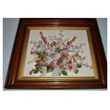 Vintage Solid Wood Framed Faux Flowers & Bird