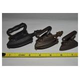 (3) Antique Miniature Sad Irons w/ (2) Bases