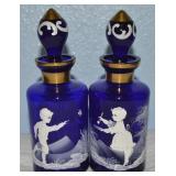 Pair Vtg Mary Gregory Cobalt Blue Glass Gilt Hand-