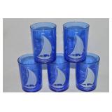 (5) Vtg Hazel Atlas White Ships Cobalt Blue Glass