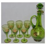 Vtg Romanian 24k Gilt Green Glass Decanter + 6