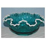 Fenton Art Glass Spanish Lace Teal & Milk Crest