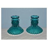 Fenton Art Glass Spanish Lace Teal & Milk Crest