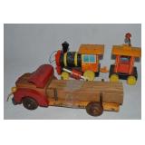 (2) Vtg Wooden Toys: Cass Rol-a-way Stake Truck +