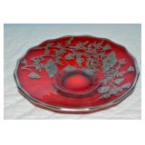 Vintage Ruby Red Silver Overlay Poppy Plate 7.25d