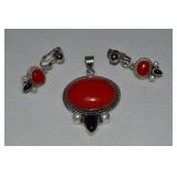 925 Sterling Designer Red Coral Onyx & Pearl Set