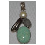 925 Sterling Amazonite Pearl Pendant 2 5/8L