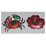 (2) Enamel Jewelry Pcs: Crab Pendant + Flower