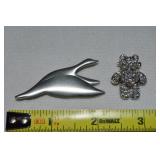 Ken Kantro Signed Pewter Bird Brooch + Rhinestone