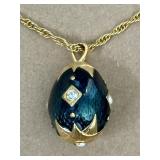 Vtg Teal Enamel Rhinestone Goldtone Egg Pendant