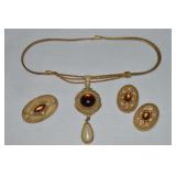 Vtg Goldtone Demi Set w/ Amber-tone Cabachon