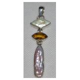 925 Sterling Citrine & Pearls Pendant 2.75L