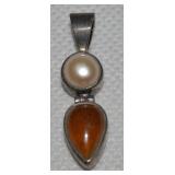 925 Sterling Baltic Amber & Pearl Pendant 1 3/8L