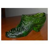 Vtg Fenton Green Glass Floral Pattern Shoe 5.75"L