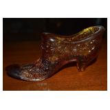 Vtg Fenton Amber Daisy & Button Pattern Shoe 6"