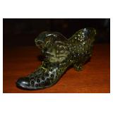 Vtg Fenton Hobnail Green Glass Cat in a Shoe 6"