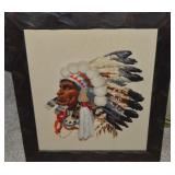 Vintage Framed Needlepoint Indian Chief Wall Art