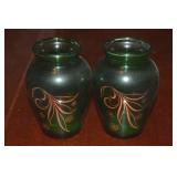 Pair Vtg Anchor Hocking Green Gold Leaf Mini Vases