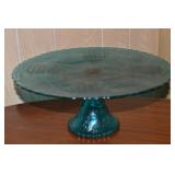 Vtg Teal Glass Grapevine Pattern Cake Plate 12.25d